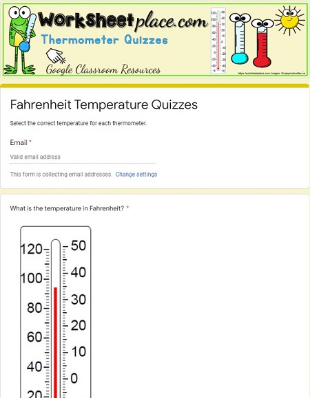 Fahrenheit Worksheet and Google Quiz