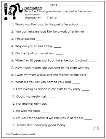Question, Exclamation or Period Worksheets