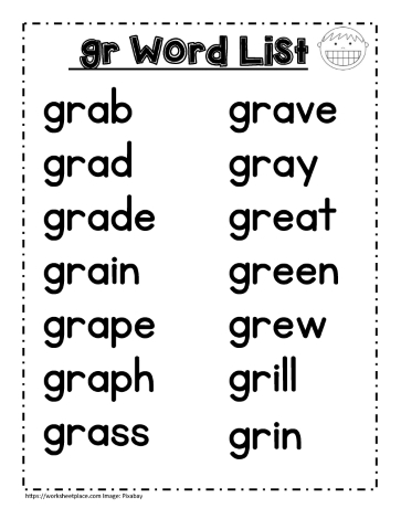 Gr word study lists, grow, grab etc.