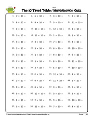 Multiplication Fact Worksheet for 10