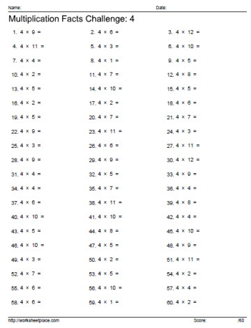 4 times tables horizontal worksheets
