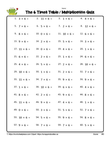 Multiplication Fact Worksheet for 6 Worksheets