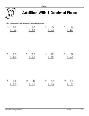 Adding Decimals 1 Place Worksheets