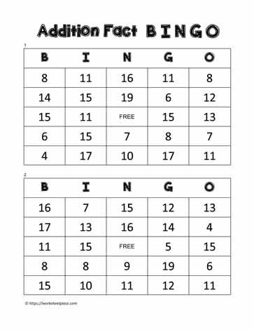 Addition Bingo Cards 1-2