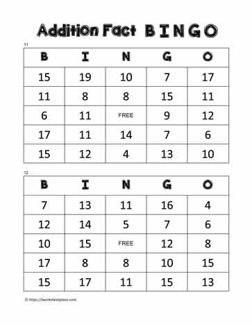 Addition Bingo Cards 11-12
