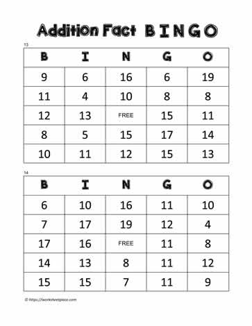 Addition Bingo Cards 13-14