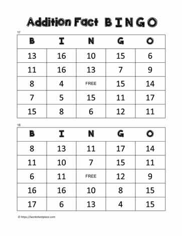 Addition Bingo Cards 17-18