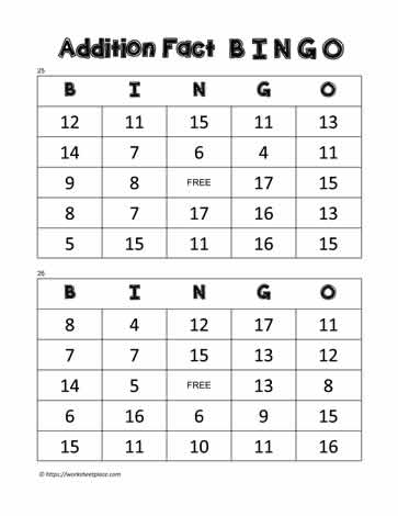 Addition Bingo Cards 25-26