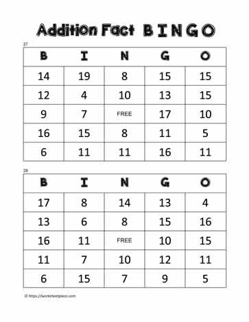 Addition Bingo Cards 27-28