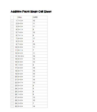 Addition Bingo Call Sheet