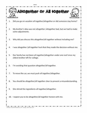 Altogether Or All Together Worksheets