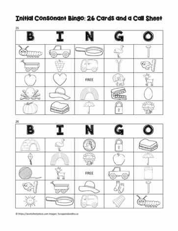 Initial Consonants Bingo Cards 25-26