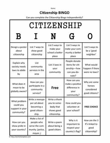 Citizenship Bingo Worksheets
