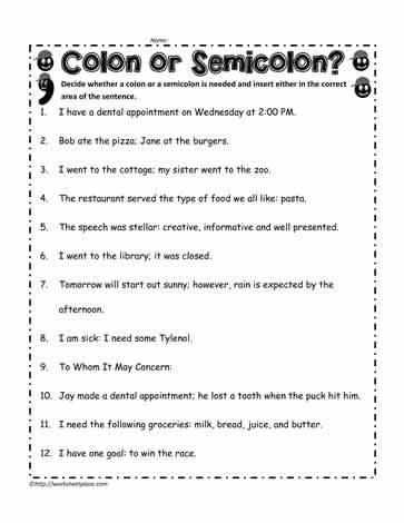Colon or Semicolon Worksheets