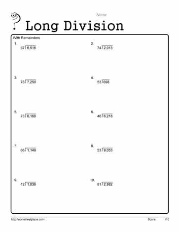 long division with remainders worksheets