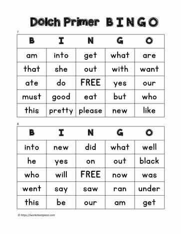 Dolch Primer Bingo Cards 7-8