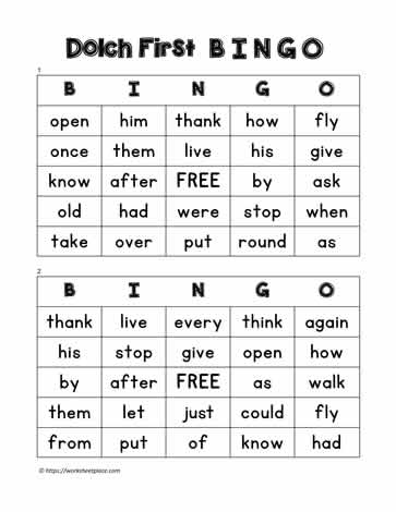 Dolch First Bingo Cards 1-2