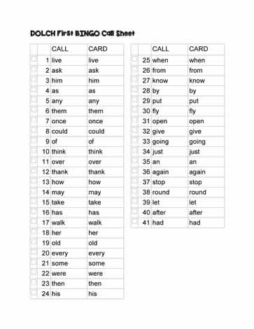 Dolch First Bingo Call Sheet