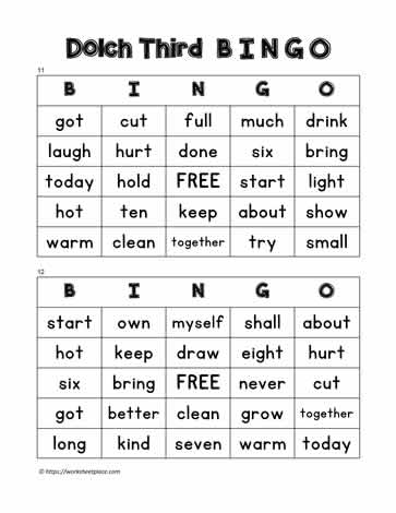 Dolch Third Bingo Cards 11-12