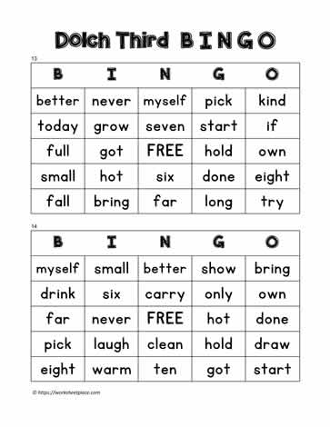 Dolch Third Bingo Cards 13-14