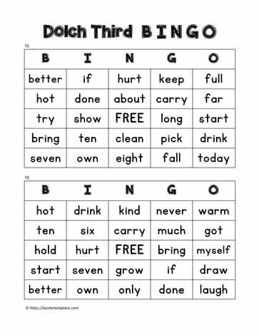 Dolch Third Bingo Cards 15-16
