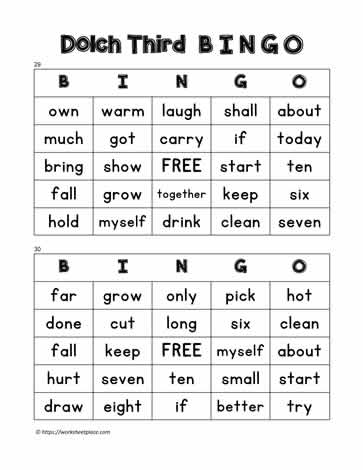 Dolch Third Bingo Cards 29-30
