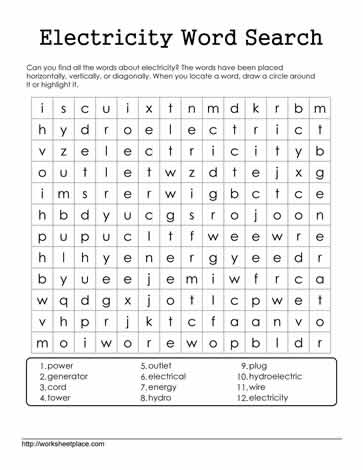 electricity word search worksheets