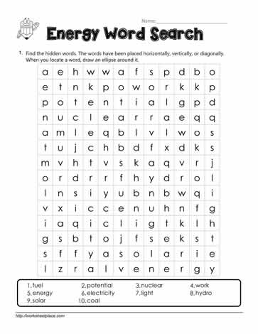 energy word search worksheets