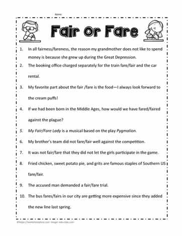 Fair or Fare Worksheets