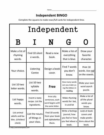 Bingo Independent Time Worksheets