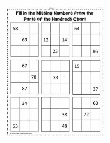 hundred chart with missing numbers worksheets