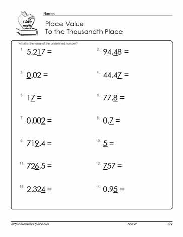 place value with decimals up to 1000th place worksheets