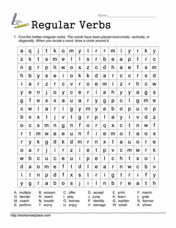 regular verb word search worksheets