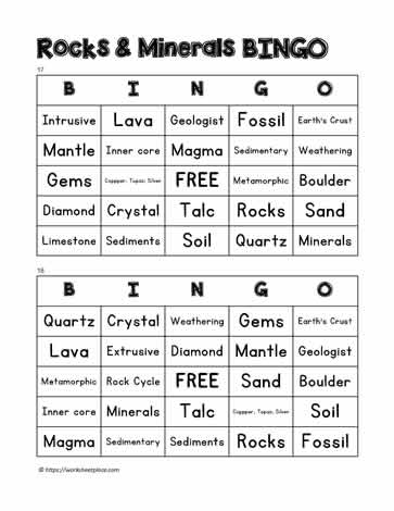 Rocks and Minerals Bingo 17-18