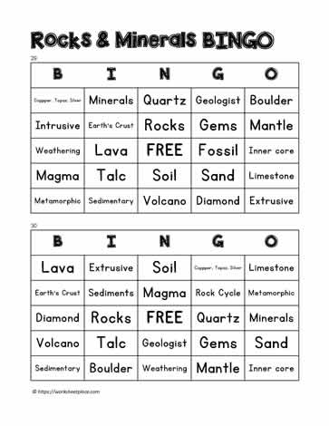 Rocks and Minerals Bingo 29-30