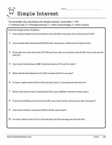 Simple Interest Worksheet 12 Worksheets