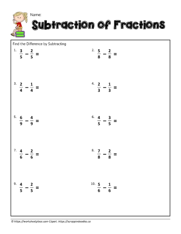 subtract the fractions with common denominators worksheets