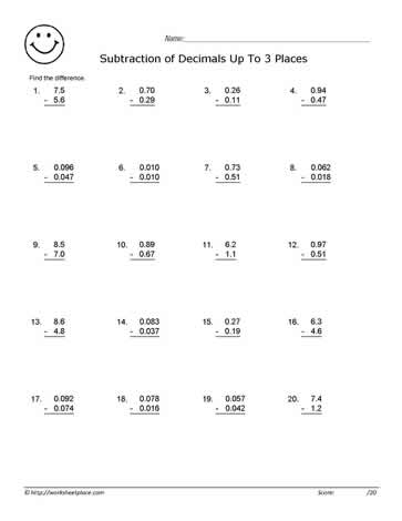 Subtracting Decimals Worksheets