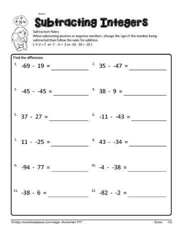 Subtracting Integers Worksheets