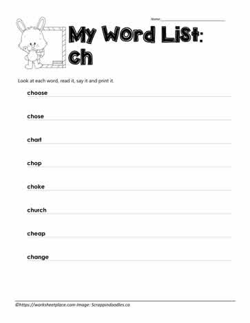 Digraph Spelling List for ch
