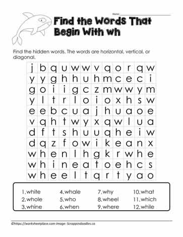 wordsearch for wh digraphs worksheets