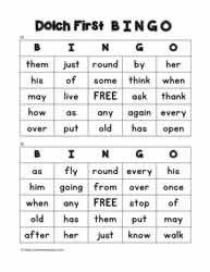 Dolch First Bingo Cards 25-26