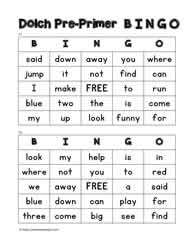 Dolch Pre-primer Bingo Cards 11-12