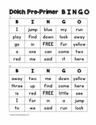 Dolch Pre-primer Bingo Cards 19-20